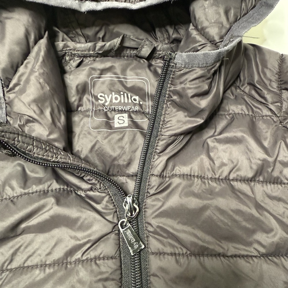Sybilla Outerwear Womens Jacket Small Black Puffer Pockets Coat Hood Lightweight - Picture 5 of 11